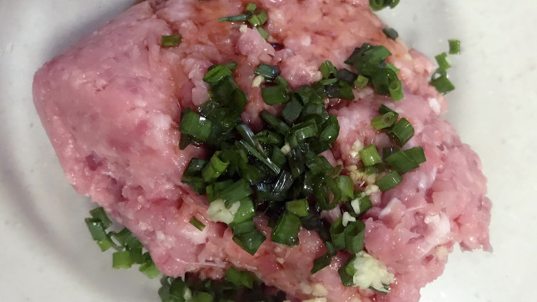 翡翠猪肉白菜饺子,葱和姜末倒入搅好的肉末里,加入一勺生抽。
