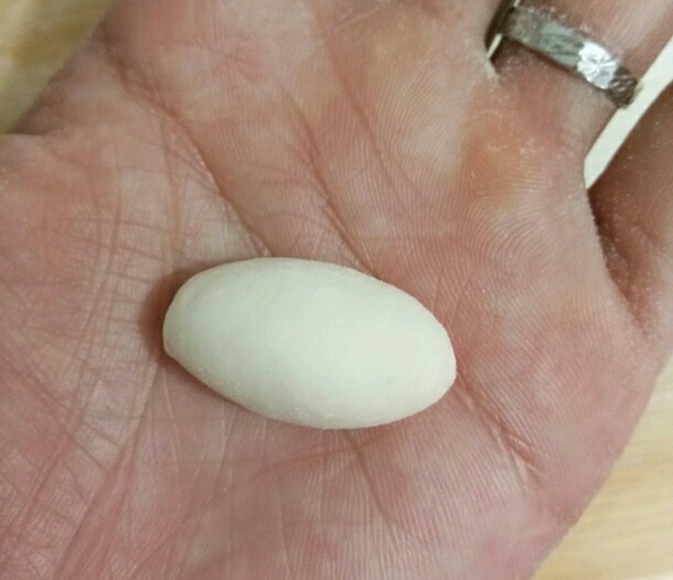 香菇馒头,然后再取一块面团,揉成椭圆形装