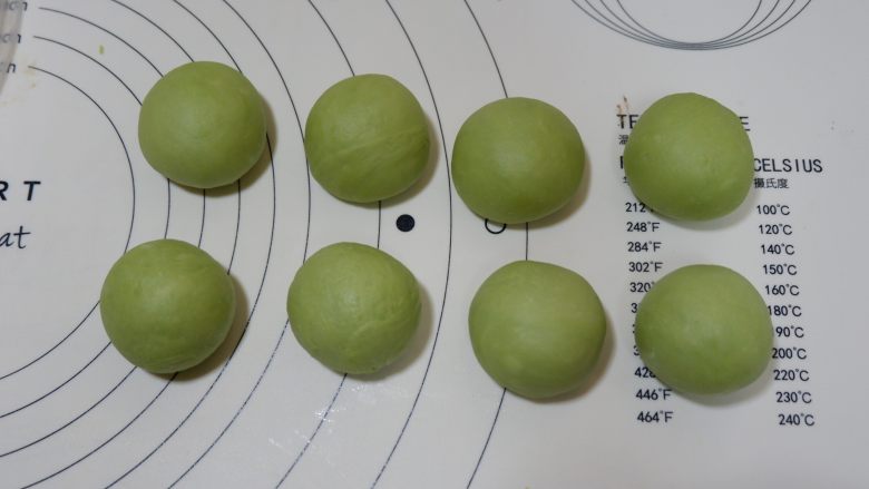 卡通面包—青蛙凯蒂挤挤包(一次发酵),绿色面团也同样分成8个滚圆。每个40g左右。