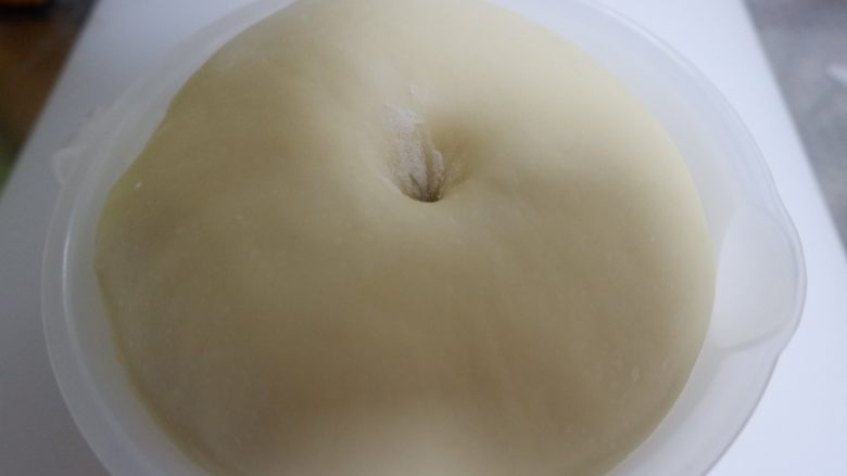 菠萝包,揉好的面团滚圆,放入容器盖上保鲜膜。25-28温度下发酵至2-2.5倍大,手指粘干粉轻戳,不塌陷不回缩(或者缓慢回缩)