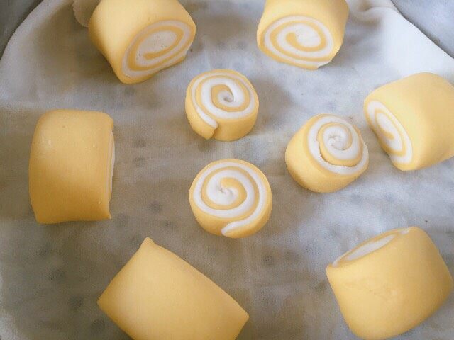 双色馒头（自发粉）,用刀切成等份，蒸锅内倒温水，把馒头放进蒸屉，盖上盖子等待发酵至两倍大，大火烧开蒸20分钟

