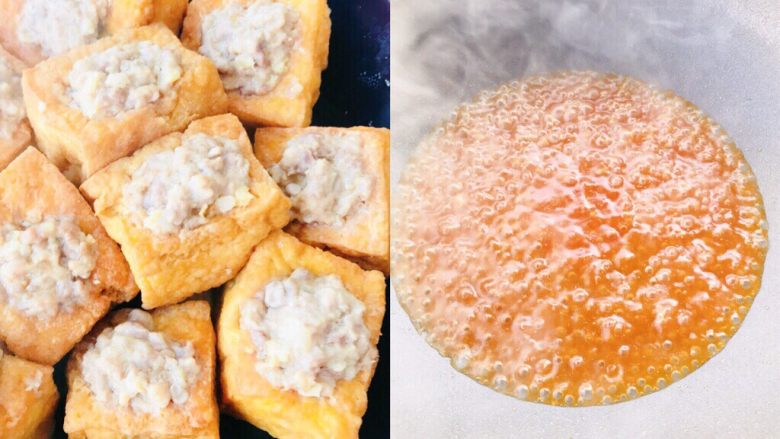 豆腐肉末糕,将豆块捡入盘中,把锅里剩余的汤汁再加两小勺淀粉勾芡