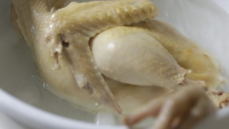 红油手撕鸡,捞出童子鸡,放入冰水中冷却。