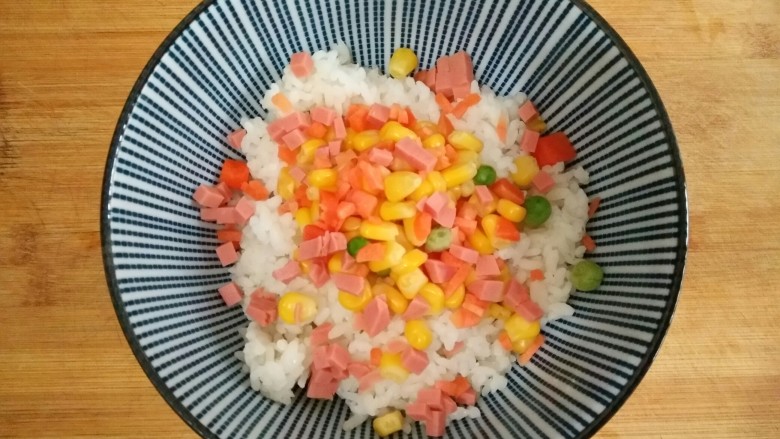 泰迪饭团,剩下的火腿肠和胡萝卜也不要浪费,切碎和甜玉米粒一起放入<a style='color:red;display:inline-block;' href='/shicai/ 507'>米饭</a>中。