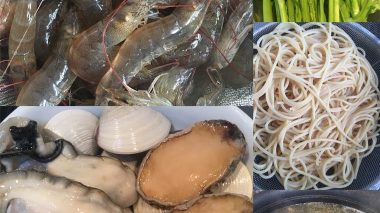 海鲜汤意面,先大致看一下材料,其实海鲜就选自己爱吃的就行,别想太多,但是我建议<a style='color:red;display:inline-block;' href='/shicai/ 377'>鲫鱼</a>和虾不要漏,对汤很重要。