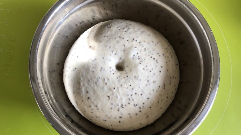 奇亚籽蜜豆燕麦欧包,1小时后,面团发酵到原来的2倍大小,可以用手蘸一点面粉戳一下,检查一下面团不回缩即可