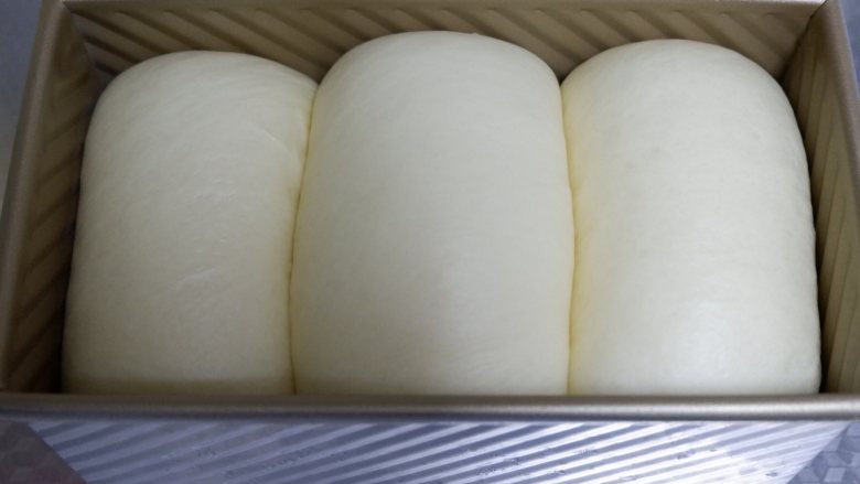 小麦胚芽基础吐司,将吐司盒放入烤箱中,烤箱中放一碗热水,38℃环境中进行二发,发酵至吐司盒8分满。