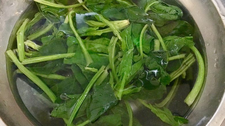 虾皮菠菜,过凉水降温,以免余温继续烫熟青菜