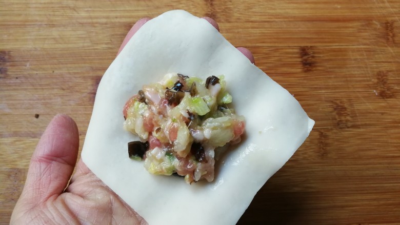 黑木耳白菜烧卖花馄饨,取一张馄饨皮放入适量肉馅
