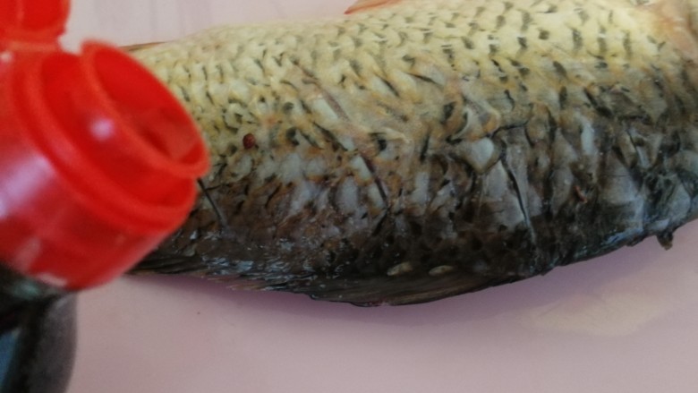 年夜菜_麻辣清蒸江鲫鱼&一锅两吃,把香油分别正反两面抹到鱼身上(如图)。