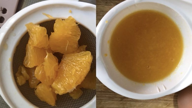香橙戚风🍊,取橙子肉压成橙汁,这一步用料理机也可以,我用的是辅食研磨碗,这样可以保留一部分的果肉在里面,比较复杂一点的就是,需要把橙肉外面的那一层皮和筋去掉,怕复杂的话也可以不用去,因为宝麻麻有点强迫症😂