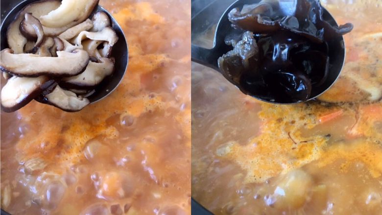 大酱豆腐汤,再放入香菇片和木耳,大火煮开。