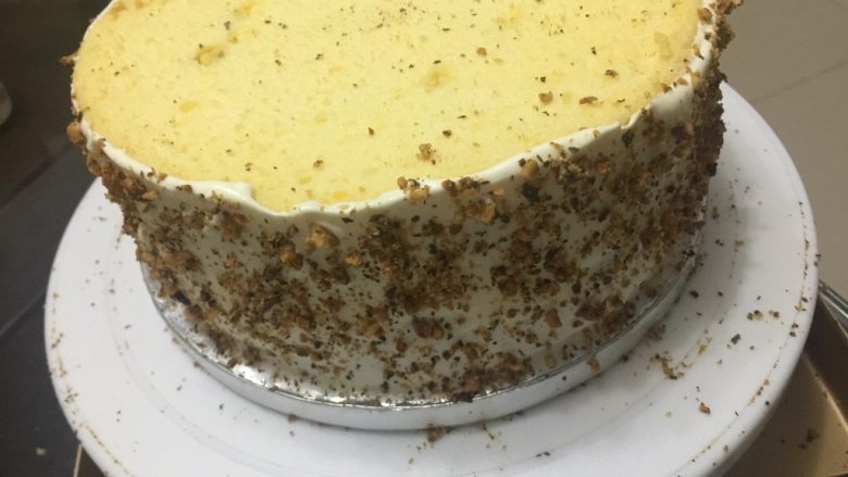 巧克力核桃水果蛋糕,放入另一片蛋糕,边缘抹上奶油,然后撒入<a style='color:red;display:inline-block;' href='/shicai/ 665'>核桃</a>碎