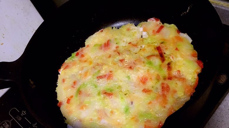 简易快手摊蔬菜饼,扑扑负责翻面。在表面液体面糊大部分凝固,晃动锅发现饼已成型的时候。抖锅技术不够只好用盘子辅助一下,锅倾斜滑出一半到盘子里然后,走你。