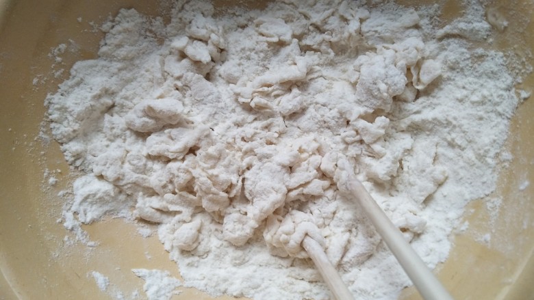 快手营养早餐~家常疙瘩汤,不够可以再次添加一些水,直到全部成棉絮状,注意可以水少,不要过多。