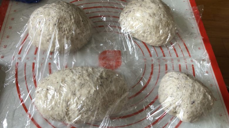 五谷桂圆软欧,分三份250g面团，剩下小面团大概100g
盖上保鲜膜松弛30分钟