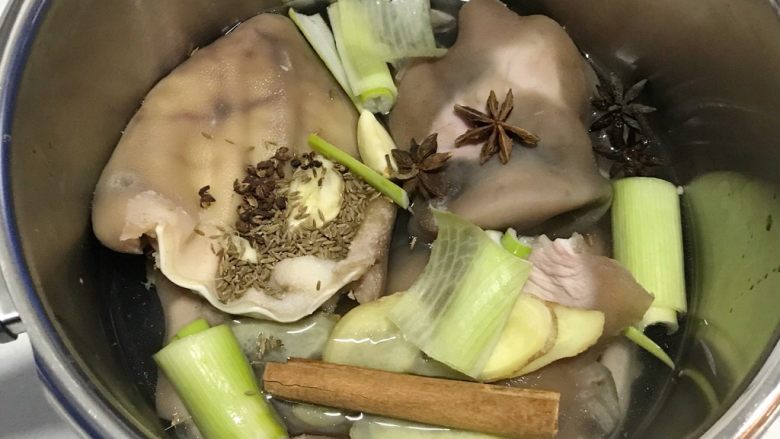 家乡食谱~猪头肉,把上面的香料倒入锅里,加入<a style='color:red;display:inline-block;' href='/shicai/ 866'>冰糖</a>,葱段和姜片,还有蒜瓣儿。