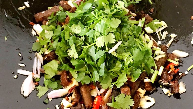 凉拌麻辣酱牛肉,最后加入香菜,(还可以加入油泼辣子)