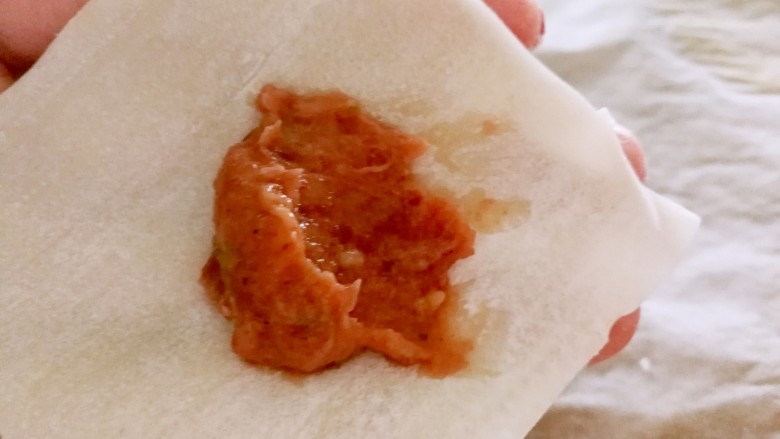 牛肉海参小馄饨,取一张馄饨皮,挖适量的馅放在馄饨皮上面