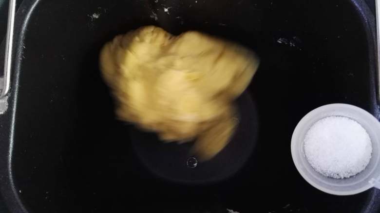 卷卷椰蓉包,面粉成团时,加入盐,继续和面。