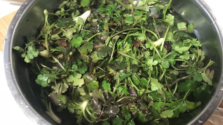 香菜拌萝卜丝,用清水冲洗几遍清洗干净,沥干水待用。