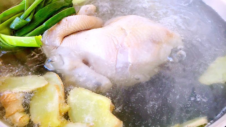 鸡汁小米海参粥,鸡1只,先用清水泡出血水,清洗干净,用凉水焯水,焯好水后用开水炖,炖的时候放入去腥的姜片和葱。