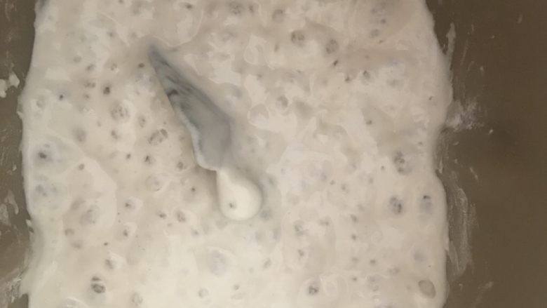 蔓越莓巧克力软欧,先提前一天制作液种:将液种材料混合均匀(很稀,不用合成面团,拌匀即可),室温发酵到充满气泡后放入冰箱冷藏16小时以上