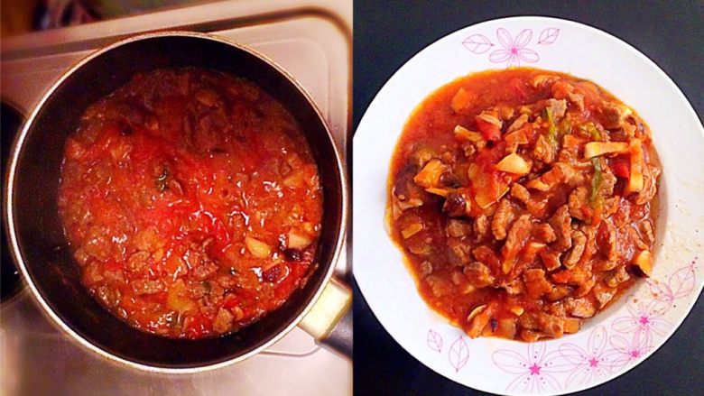 牛肉豆腐意面,炒至西红柿呈浓稠的酱汁状时,倒入炒好的牛肉,加入适量的开水,盖上盖子,小火熬二十分钟左右后,打开盖子,大火收汁。加入适量的盐、<a style='color:red;display:inline-block;' href='/shicai/ 847'>香油</a>,装盘。