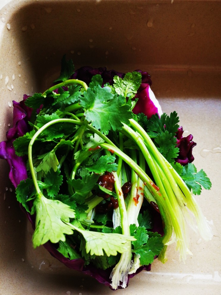 素食少油减脂麻辣香锅便当,香菜和紫甘蓝洗干净(紫甘蓝整片成托然后把香菜扭着放进去)然后放点豆酱;