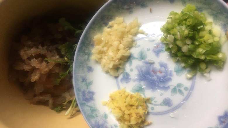 家常凉拌海蜇丝,倒入葱姜蒜末;