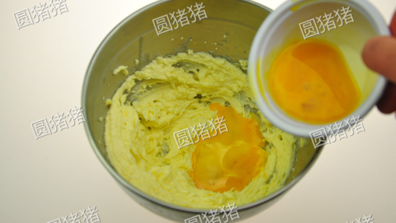 全麦消化饼,分两次加入全蛋液,每次搅打均匀后,再加入第二次。
