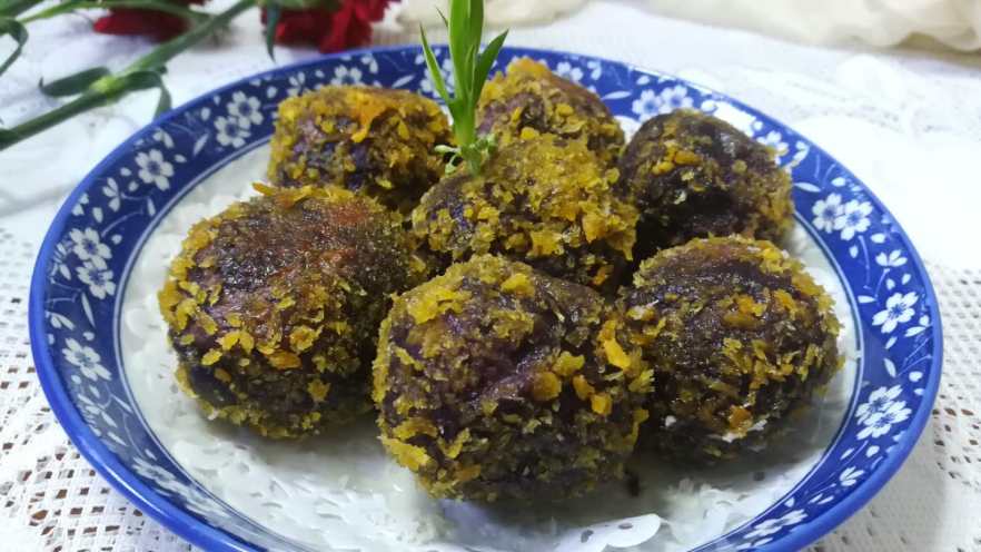外酥里嫩还甜蜜蜜的紫薯蜜豆球