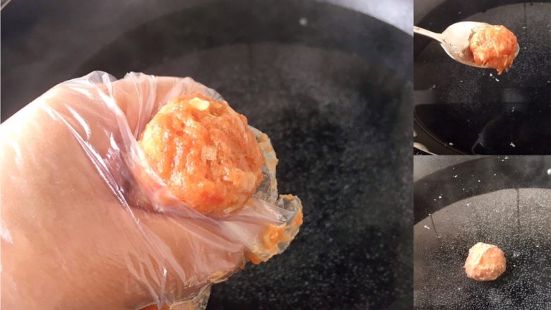 美味早餐 酥皮芝士焗小丸子,将肉馅从虎口处挤出,用小勺舀入水中。水不要开,锅底的水出现小泡时就可以下小丸子,用温水慢慢将小丸子养熟。