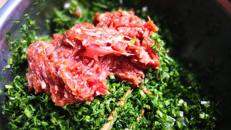 茴香水饺,再加入入味的肉馅,加入油,盐,<a style='color:red;display:inline-block;' href='/shicai/ 756'>鸡精</a>,调好味,