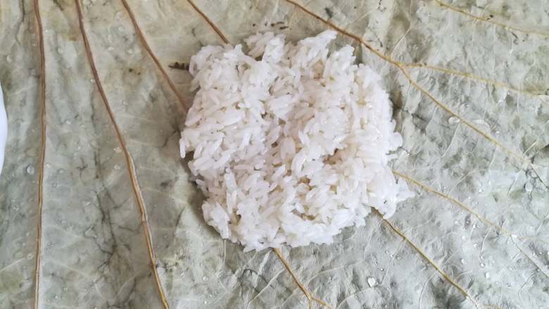 广式糯米鸡,用荷叶的背面朝上,铺上一层糯米饭