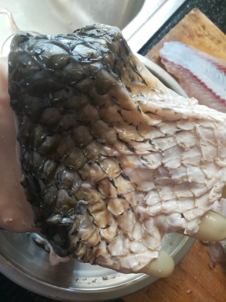 好吃到你无法想象的油炸鱼皮,看,撕下来非常完整的一大张鱼皮,另一半如法炮制。