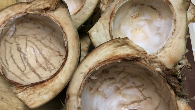 自制椰奶,把椰子用刀在顶上破一个小洞，把水倒出，把椰肉用勺子挖出来！