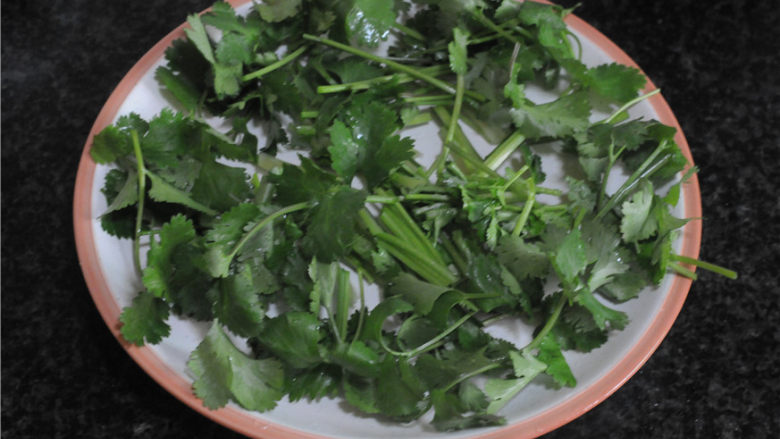 孜然羊肉,香菜干铺在盘子中间,叶子铺在四周备用