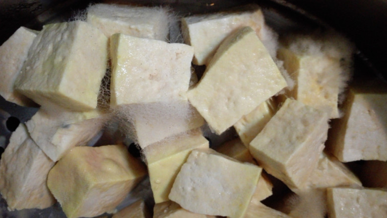 红油腐乳,第五天,豆腐都很黄了,表面挂满一层黄黄的粘液和白毛