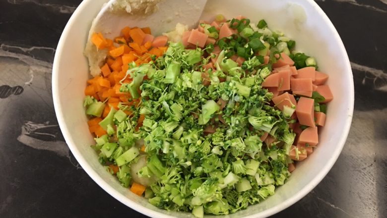便当~饭团+土豆饼+八爪鱼红肠,加入切碎的配料