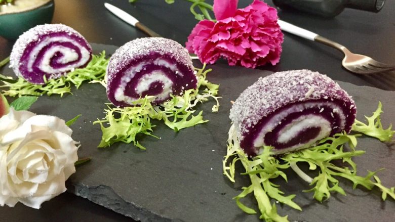 山药紫薯糍,装盘