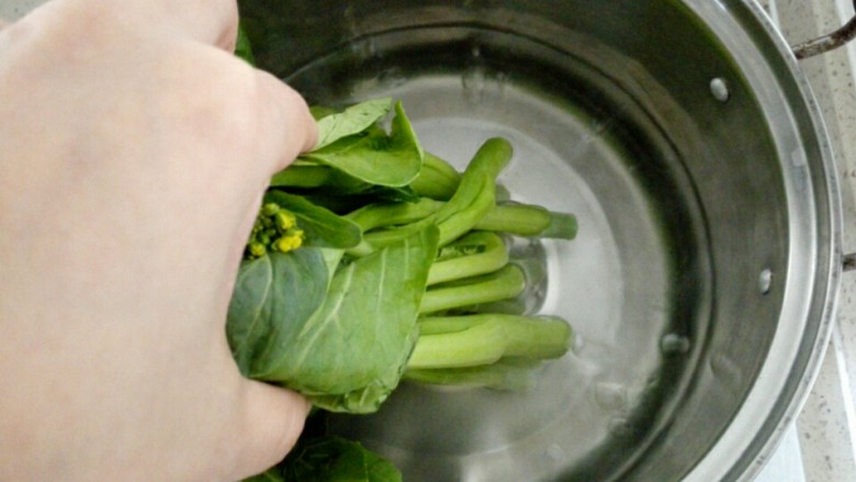 香菇菜心,锅中水烧开,加入少许盐,食用油。妙招一:用手抓住菜心尾部,先将根部浸入水中,焯烫,再逐渐把叶子部分浸入水中焯烫。然后迅速捞出过凉水。根部焯烫时间和尾部叶子部分不同,这样可以避免菜叶焯烫时间过长,而根本还没焯烫熟。