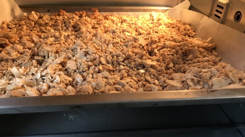 水果坚果燕麦片,烤箱160度预热,然后放入拌匀的燕麦片上下管调150度,烤十分钟,烤的过程中要翻拌两三次