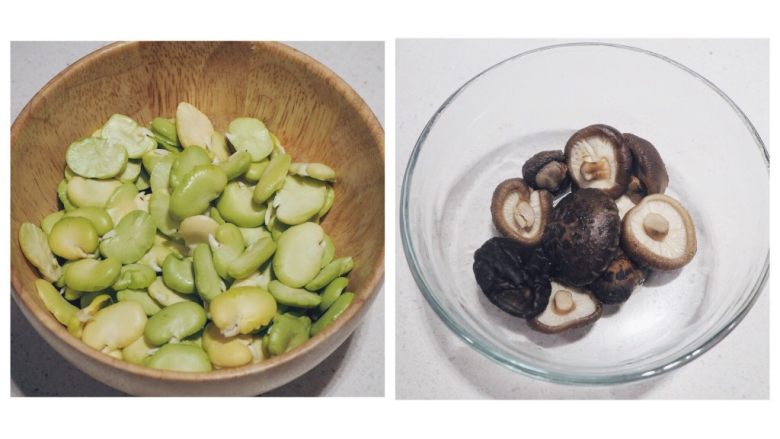 清炒蚕豆香菇虾,在一个炖锅或汤锅里,倒入水煮开,将新鲜蚕豆去皮掰成两半,干香菇提前冷水泡发好后,烫至断生捞起备用。香菇切丝。