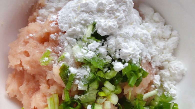 辅食计划+蔬菜肉丸汤,肉泥里加入香葱、<a style='color:red;display:inline-block;' href='/shicai/ 512'>玉米淀粉</a>和少许盐,搅拌至无干粉