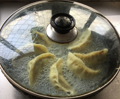 榆钱煎饺&榆钱馅饼,加水至饺子1/2高度,加盖烧沸