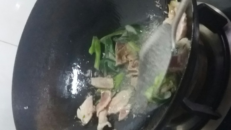 宅吃辣豆腐,将之前备用的葱蒜肉，扔进锅里，大火，爆炒。