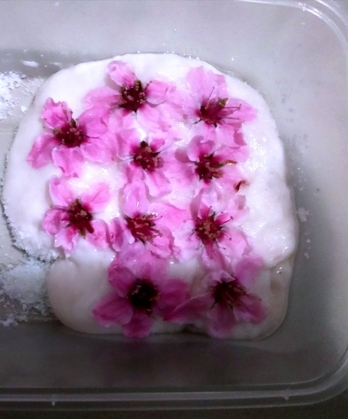 美人面~桃花🌸小食,整个桃花这样点缀,放入冰箱两小时。