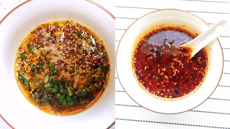 美味生煎包,准备好辣椒粉,放一点盐、五香粉、鸡精,倒入晾至八九分的热油,再放一点香油,生抽、醋,调好蘸汁