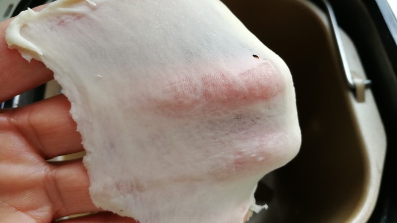 春之色~彩虹面包卷,揉面至这种完全扩展阶段后,也就是手套膜状态,即揉面完成